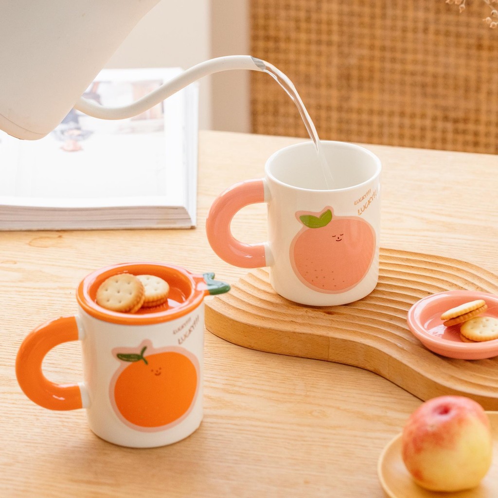 Ly Sứ Hình Trái Cây Có Nắp Dung Tích 360ml - Cốc Decor Dưa Hấu Cam Dễ Thương