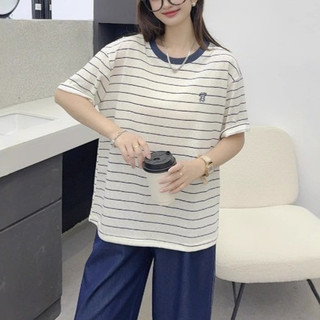 Áo thun thêu nữ mùa hè gió mới cổ tròn sọc tay ngắn dáng rộng giản dị đa năng hàng đầu