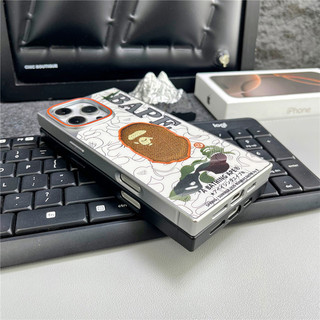 Ốp điện thoại hình vuông cho iPhone 16 15 14 13 11 12 Pro Max, phong cách retro, màu bạc nóng, bape
