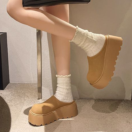 Hàn Quốc Bánh xốp đầu tròn đế cao gót giày Muller cao gót PU da lộn thời trang màu trơn Retro cao cấp Thanh Niên xỏ chân ấm Dép lười nhà máy Giá Sỉ