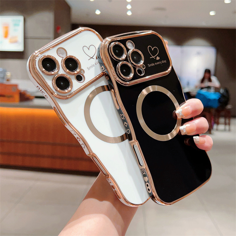 Luxur Wave Mạ Mặt Trái Tim Tình Yêu Từ Tính Ốp lưng iphone 16 15 14 Pro Plus Mềm TPU Ốp Lưng
