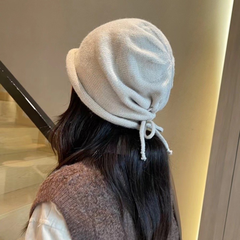 Thu Đông Nữ Dệt Kim Baggy Beanie Mũ Dây Rút Slouchy Len Chui Đầu Mũ Ngoài Trời Chống Gió