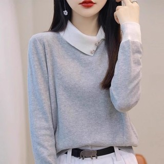 Màu Sắc Tương Phản Áo Len Dài Tay Top Nữ Thu Đông Áo Len Cao Cấp Mặc Ngoài Phong Cách Phương Tây Giảm Tuổi Ve Áo Đáy