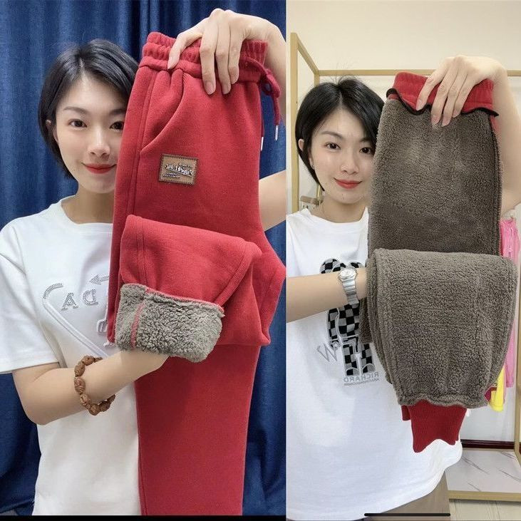 Quần thể thao quần nhung cừu thường ngày bo gấu rộng rãi mẫu mới thu đông năm 2024 cho nữ