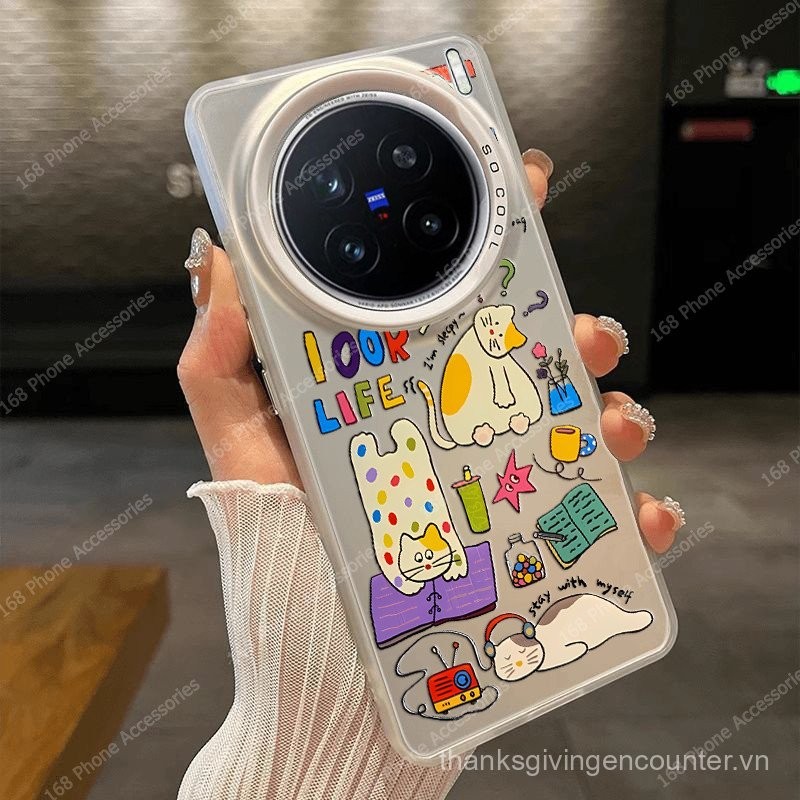 Ốp lưng Vivo X200 Pro, ốp lưng Vivo X200, hình mèo hoạt hình dễ thương, chó dễ thương, ốp chống sốc, phong cách Ins, mờ, cứng, mạ IMD, nút bấm, viền silicone mềm, bao điện thoại cho các cô gái sinh viên