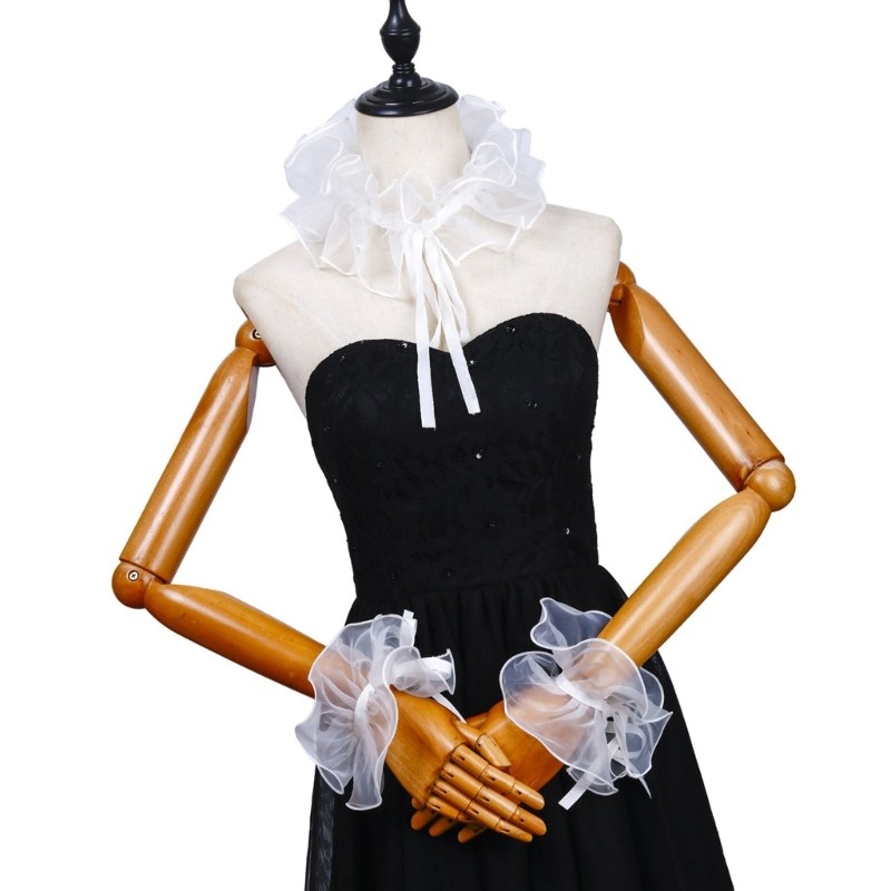 Cinna White Elizabethan Ruffle Cổ Giả Choker Với Vòng Cổ Tay Bộ Cho Hội chợ Phục Hưng và Hiệu Suất Sân khấu