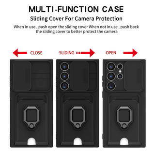 Dành Cho Samsung Galaxy S23 Ultra S22 Ultra S24 Plus S25 Edge Ốp Lưng 4 Trong 1 Trượt Camera Bao Đựng Thẻ Đứng Vuông Freebie Dây Chống Sốc Chống Rơi Mỏng Mềm TPU Cover