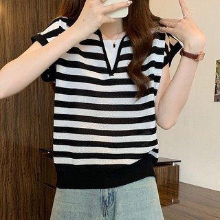 Size Lớn Giả Hai Mảnh Sọc Ngắn Tay Áo Thun Nữ Mùa Hè Béo mm Bao Bụng Mỏng Hơn Nhìn Băng Lụa Dệt Kim v @