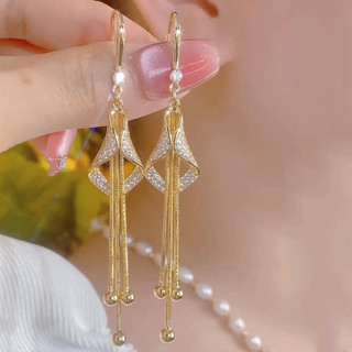 Thời Trang Hình Học Kim Cương Dài Tua Rua Bông Tai Nữ Full Kim Cương Bông Tai Nhẹ Sang Trọng Thanh Lịch Bông Tai