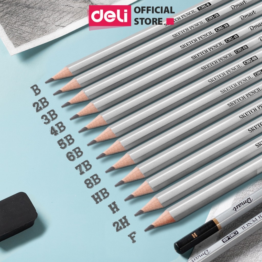 Bút Chì Phác Thảo Dmast Cao Cấp Chuyên Nghiệp Deli - Độ Cứng Từ 2H - 8B - Vẽ Tranh Mỹ Thuật Họa Chân Dung Độ Đậm Chuẩn