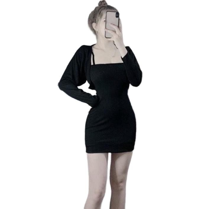 Sét bộ nữ đầm 2 dây phối áo khoác ngoài chất vải thun gân len Voi Women Đen