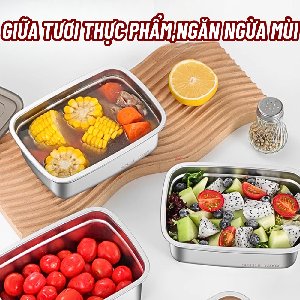 Hộp Đựng Thực Phẩm Inox Cao Cấp , Hộp Khay Inox Đựng Đồ Ăn Để Tủ Lạnh Kèm Nắp Đậy Xịn Xò