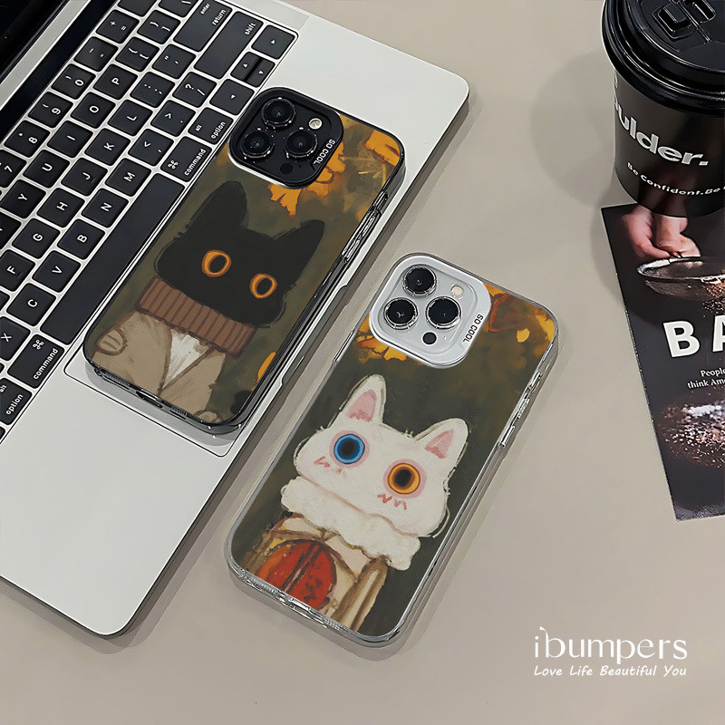 ibumpers Ốp Điện Thoại iPhone Văn Học Retro Cặp Đôi Họa Tiết Mèo Cho IPhone 16 15 14 12 13 11 Pro Max Ốp Lưng IMD Cứng Và Nhẵn