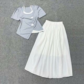 Set Áo Thun Bigsize Nữ Tay Ngắn Cổ Yếm Đính Nơ Vạt Nhọn Kèm Chân Váy Lụa Dài Xòe Thanh Lịch SET(A278+CV15)