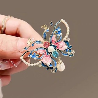MAUROPOLI [Sẵn sàng] Phong cách cổ xưa Cloisonne Tính khí Vẽ hình con bướm bên kẹp Retro Thanh lịch Sườn xám Hanfu Nữ Men Kẹp tóc Phụ kiện Ngọc trai