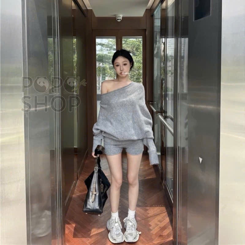 Set Áo Len Trễ Vai Cánh Dơi Mix Quần Short KCloset Dày Dặn Nữ Tính NA550