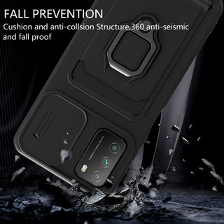 Dành Cho Xiaomi POCO M3 / Redmi 9T Ốp Lưng 4 Trong 1 Trượt Camera Bao Đựng Thẻ Đứng Vuông Freebie Dây Chống Sốc Chống Rơi Mỏng Mềm TPU Cover