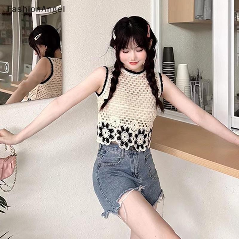 FashionAngel Mùa Hè Retro Hoa Rỗng Thêu Cổ Tròn Không Tay Rời Dệt Kim Áo Vest Nữ VN