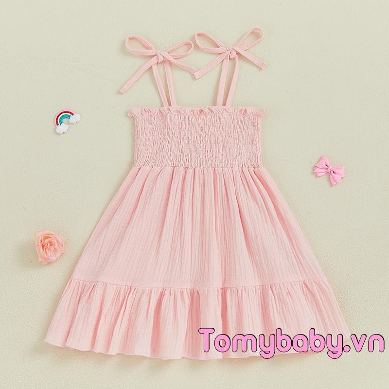 Trẻ Em Bé Gái Thắt Vai Chắc Chắn Smocked Spaghetti Dây Đeo Tầng Xù Váy