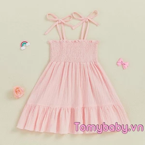 Trẻ Em Bé Gái Thắt Vai Chắc Chắn Smocked Spaghetti Dây Đeo Tầng Xù Váy