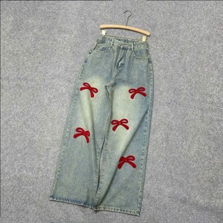 Quần jean xuông bigsize nữ phối nơ thêu đỏ xinh nổi bật thời trang phá cách size 50-92kg - Q551