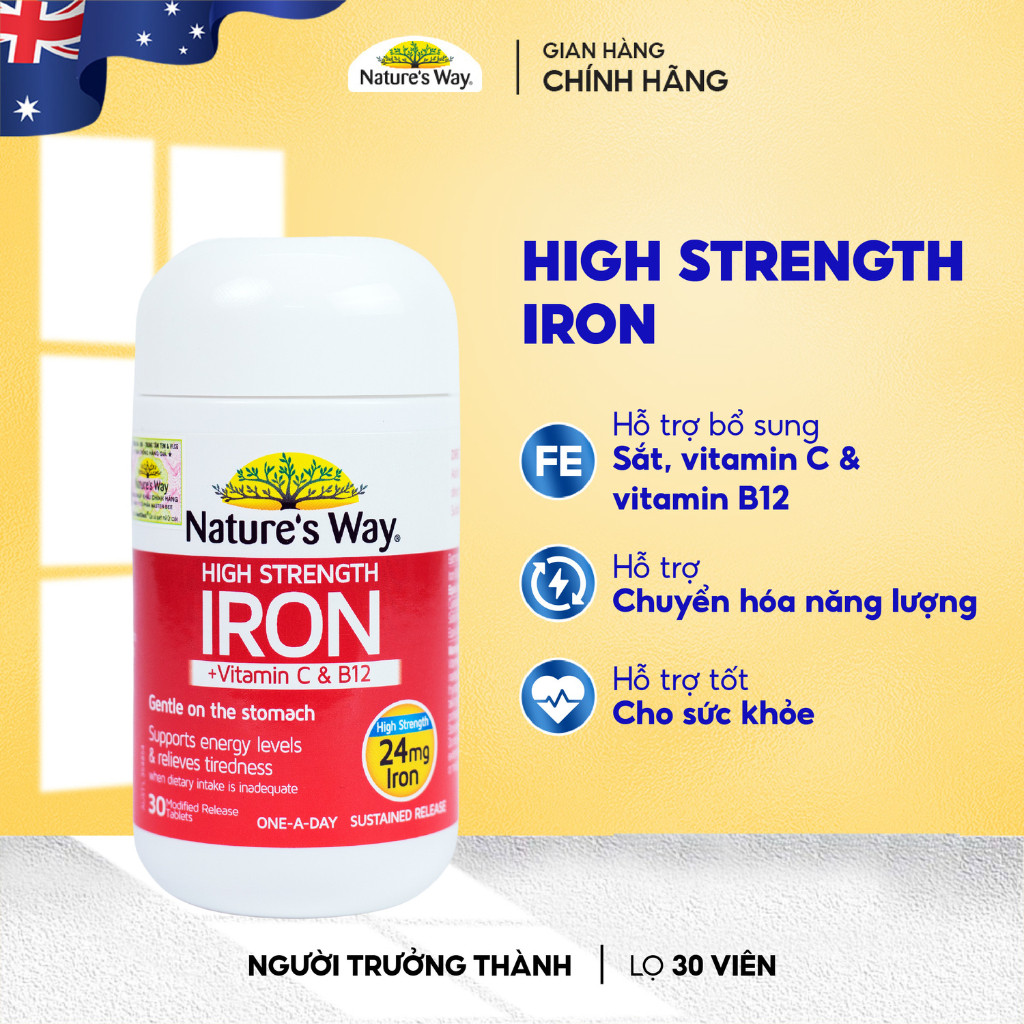 Viên Uống Sắt Hữu Cơ, Sắt Bầu Nature’s Way High Strength Iron Cung Cấp Vitamin C Và B12 Hỗ Trợ Chuyển Hoá Năng Lượng