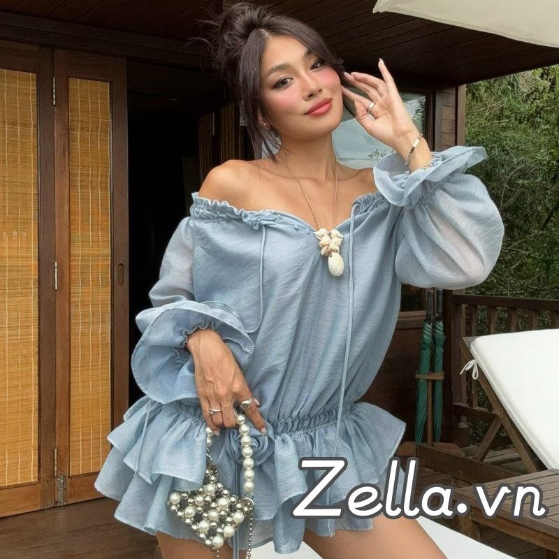 Đầm Mùa Hè Nữ 3D Hoa Xù Viền Thuyền Cổ Mất Vai Dài Tay Váy Có Cổ