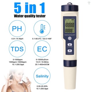 Máy đo kiểm tra kết hợp đa tham số chuyên nghiệp 5 trong 1 PH / EC / TDS / Độ mặn / Nhiệt kế Máy kiểm tra đa chức năng kỹ thuật số Máy kiểm tra chất lượng nước