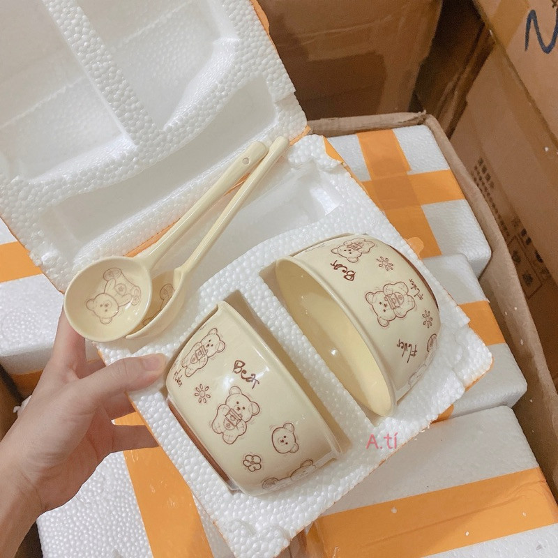 Set 2 Bát Ăn Cơm Bằng Sứ Hình  Mặt Cười Smile Cute