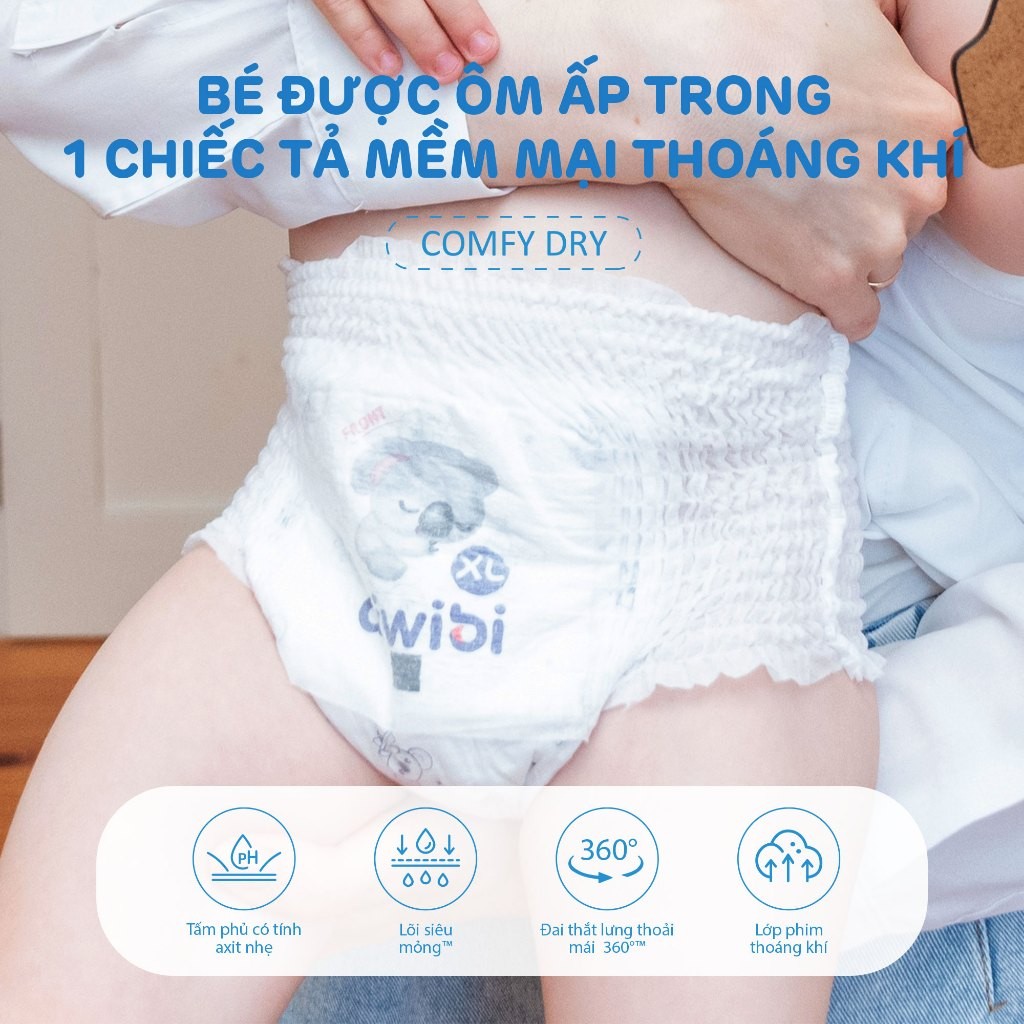 Tã/Bỉm Quần Aiwibi Tiêu Chuẩn Cho Bé Thoáng Khí, Thấm Hút Nhanh - Gói Lớn M/L/XL/XXL