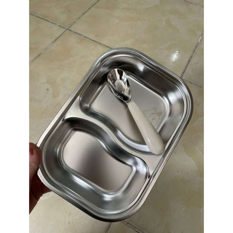 khay ăn inox 2 ngăn cho bé kèm thìa