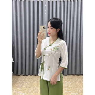 set lụa thêu bông đào pháp phục đi chùa, cổ tim trẻ trung