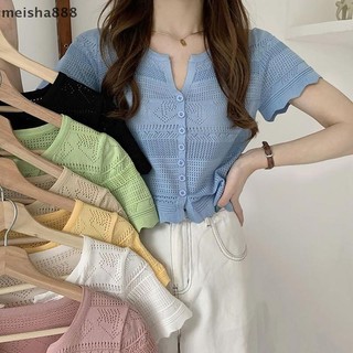 Meisha888 Mùa Hè Hàn Quốc Rỗng Ra Dệt Kim Áo Thun Nữ Cổ Chữ V Tay Ngắn Ôm Crop Top Đẹp
