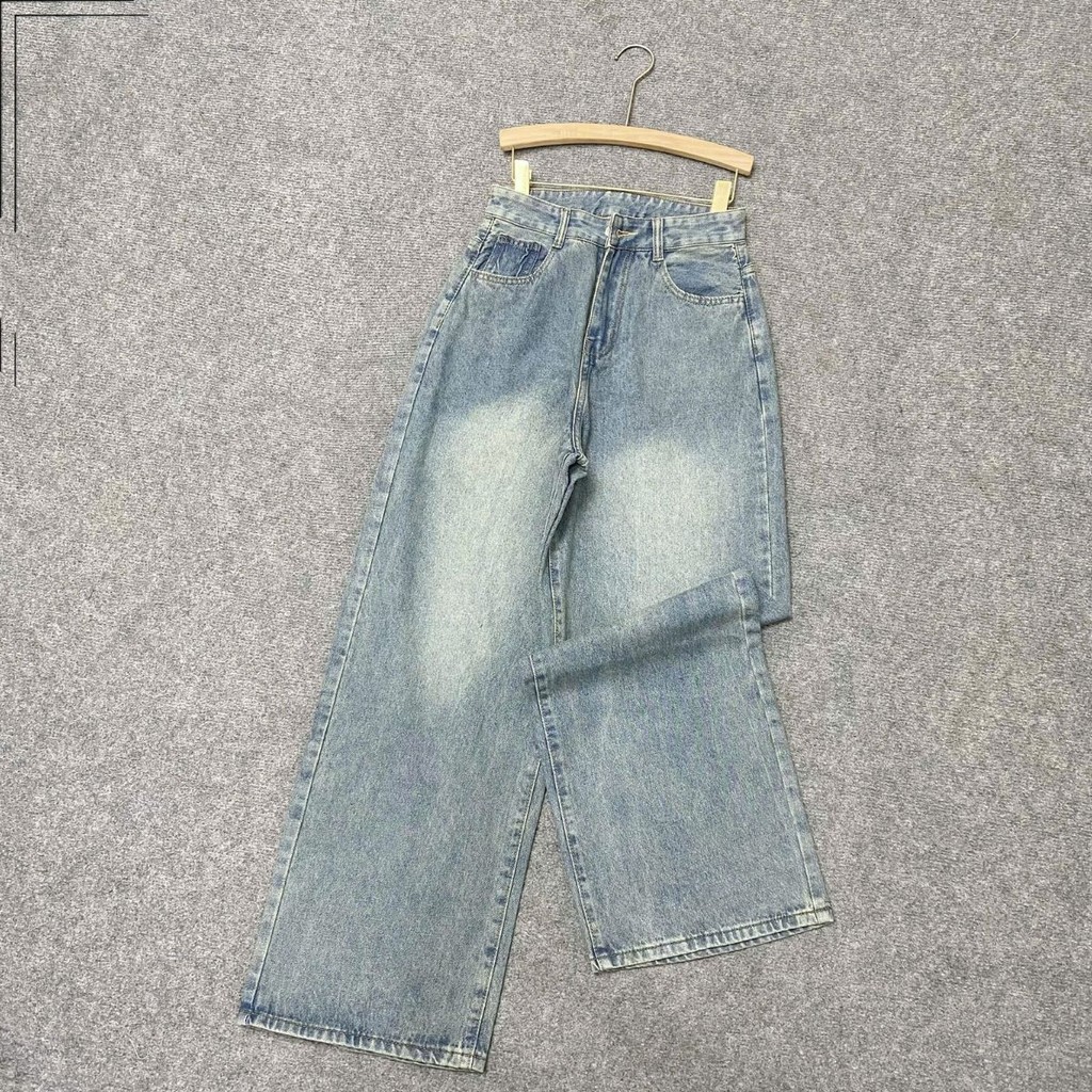 Quần Jean nữ ống rộng Bigsize Nữ Ulzzang lưng cao che bụng phong cách Retro Jean xanh nhạt - Q547