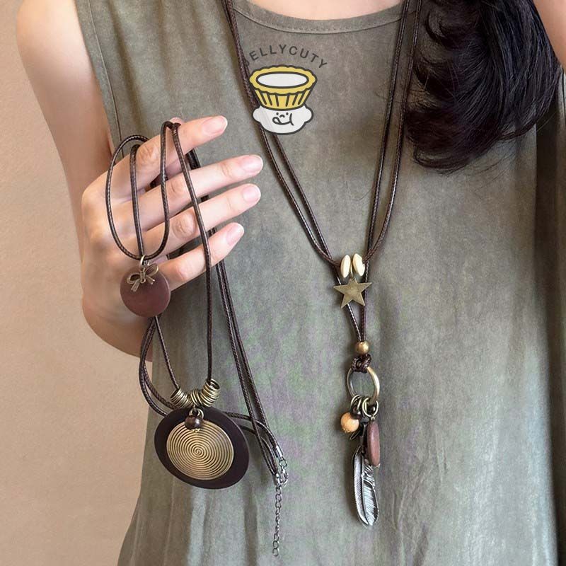 🍥jellycuty🍥Vintage Dân Tộc Mặt Dây Chuyền Bằng Gỗ Nữ Phong Cách Bohemian Nhiều Lớp Xếp Chồng Vòng Cổ Dài Quà Tặng