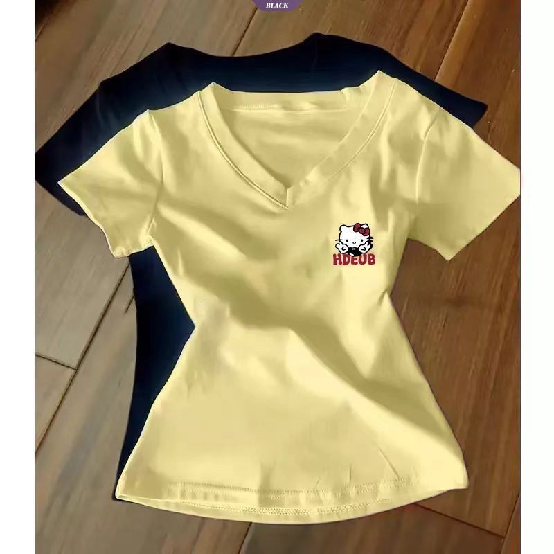 Áo thun ngắn tay Hello Kitty cổ chữ V dành cho nữ mùa hè Dopamine Wear Design Sense Niche Hundred Tops Tide [BL]