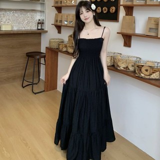Đầm Size Lớn Nữ Béo mm Pháp Hẹp Eo Chữ A Váy Dài Hepburn Phù Hợp Với Mùa Hè Retro Mỏng Hơn Nhìn Đen Sling Đầm Cardigan Váy Size Lớn Quần Áo Nữ