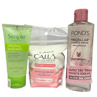 Combo 3 món du lịch tiện lợi : 1 Chai nước tẩy trang 100ml + 1 sữa rửa mặt 50g + 1 Bông tẩy trang 30 miếng