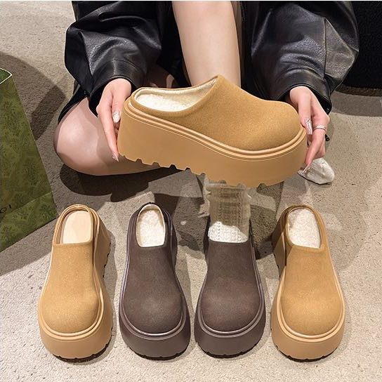 Hàn Quốc Bánh xốp đầu tròn đế cao gót giày Muller cao gót PU da lộn thời trang màu trơn Retro cao cấp Thanh Niên xỏ chân ấm Dép lười nhà máy Giá Sỉ