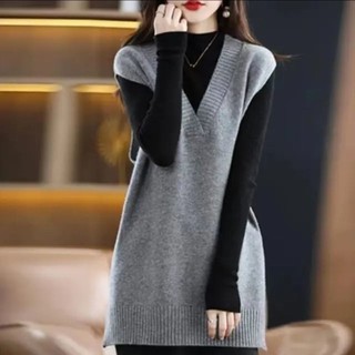 Áo Vest Xanh Navy Size Lớn Giữa Chiều Dài Dệt Kim Vest Nữ Thu Đông Cổ Chữ V Áo Chui Đầu Áo Len Nữ