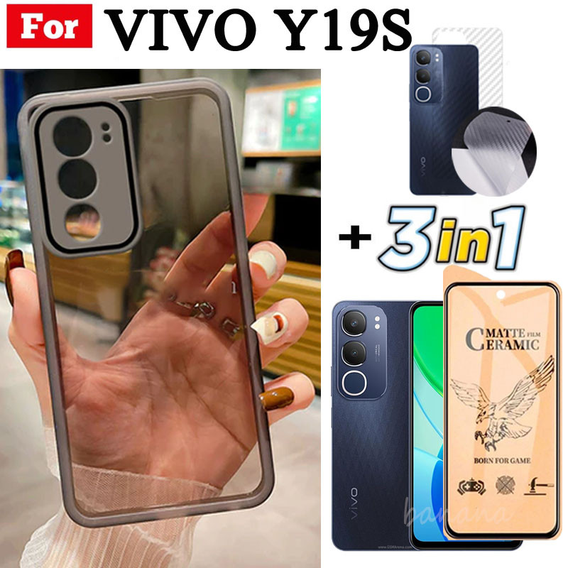 Ốp điện thoại trong suốt bằng silicon mềm TPU 3 trong 1 Vivo Y19S Y18 Y18E Y28 4G Y03 có vỏ bảo vệ Camera + Kính cường lực riêng tư + Phim mặt sau