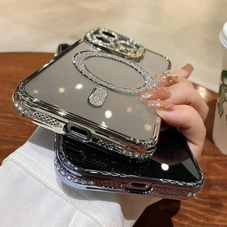 Sang Trọng Bling Pha Lê Ống Kính Phim Ốp Lưng Điện Thoại iPhone 16 15 13 14 Pro Max Plus Từ Tính Sạc Không Dây Trong Suốt