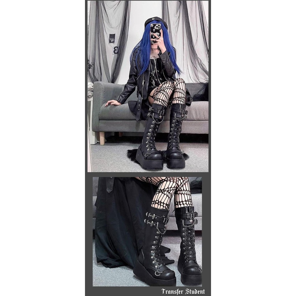 [Thứ Sáu Đen] Mùa Thu Phong Cách Mới Màu Tối Punk Giày Hiệp Sĩ Đế Dày Phù Hợp Với Giày Bông Tai Kẹp Ngón Chân Lớn Giày Bốt Giữa Ống