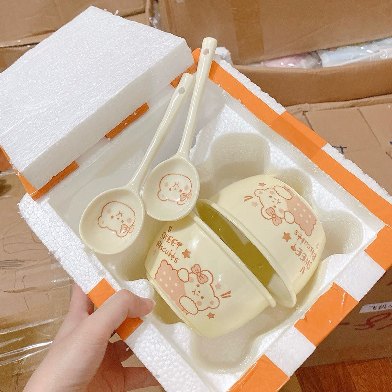 Set 2 Bát Ăn Cơm Bằng Sứ Hình Con Lợn Cute