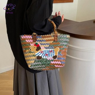 Hftoy Retro Sọc Dachshund Cho Chó Túi Dệt Hợp Thời Trang Dễ Thương Túi Tote Dung Tích Lớn Tay Cầm Tre Thời Trang Túi Giỏ Rau ~
