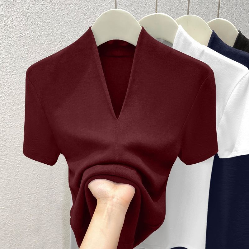 Áo thun nữ mùa hè 2026 retro mới cổ chữ V giảm béo ren thời trang dáng rộng thường ngày