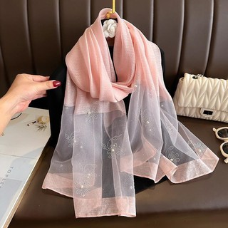 Phiên Bản Hàn Quốc Thu Đông Phù Hợp Với Mô Phỏng Lụa Pha Trộn Khăn Lụa Nữ Nóng Khoan Cao Cấp Đính Hạt Bên Ngoài Khăn Choàng Mỏng Dài Khăn