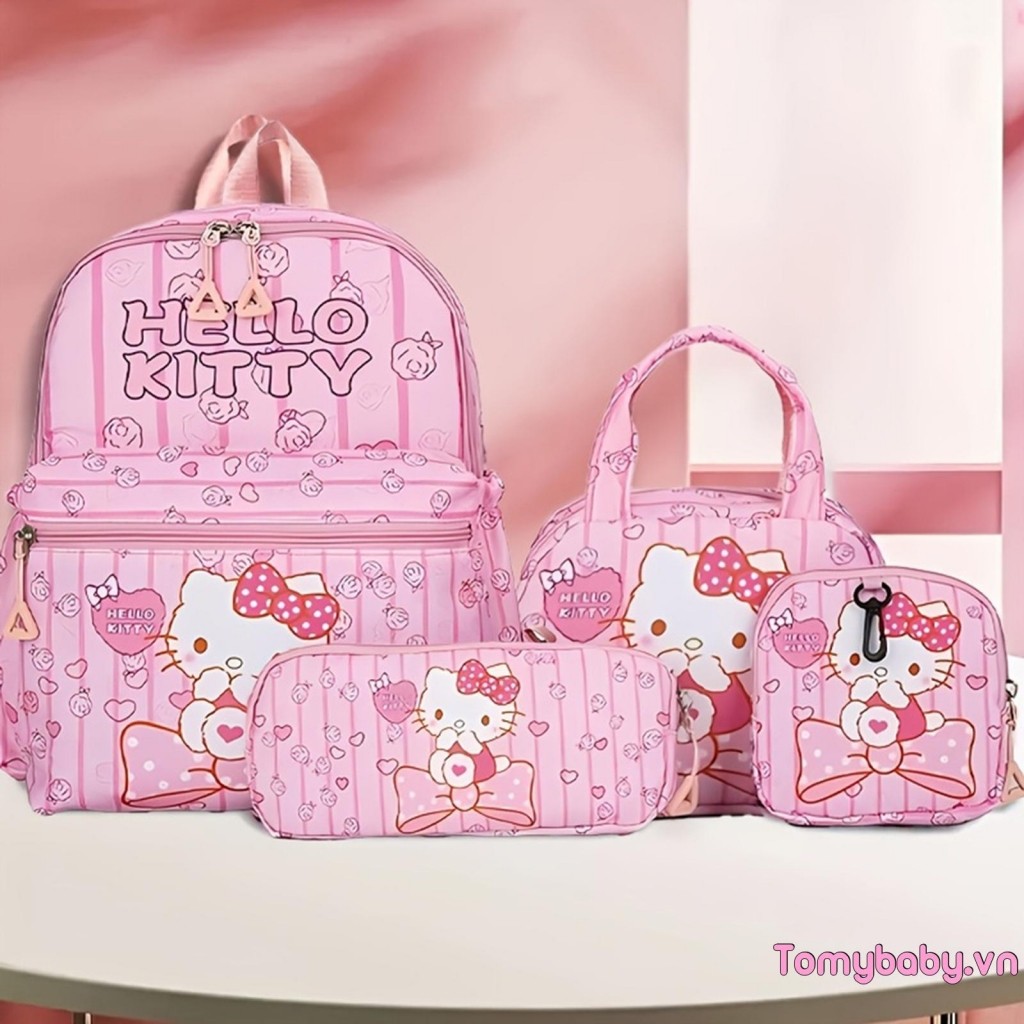 Bộ Kitty Đa Năng 4 món: Ba Lô, Túi Ăn Trưa, Túi Đựng Bút, Túi Sách Dây Kéo Dung Tích Lớn Cho Bé Gái