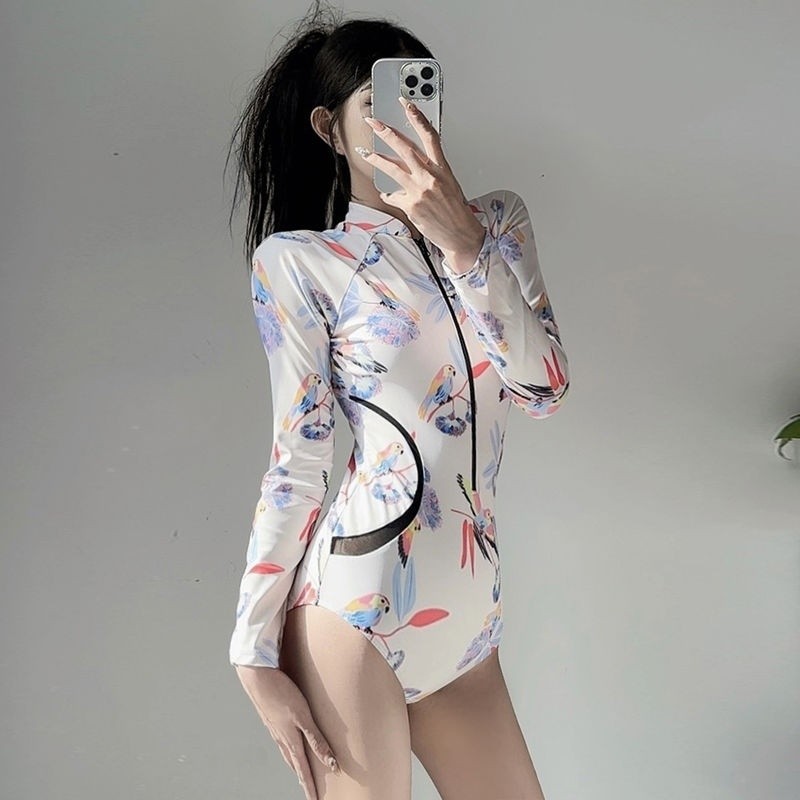 Đồ bơi nữ ôm sát bụng, kiểm soát bụng, một mảnh bảo vệ nắng, tay dài, có khóa kéo, đồ bơi thể thao suối nước nóng