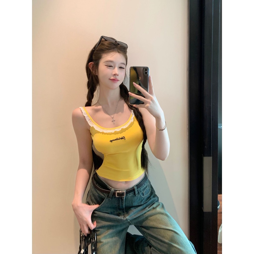 Dopamine Ren Vàng Camisole Nữ Hot Girl Gợi Cảm Một Vai Ống Top